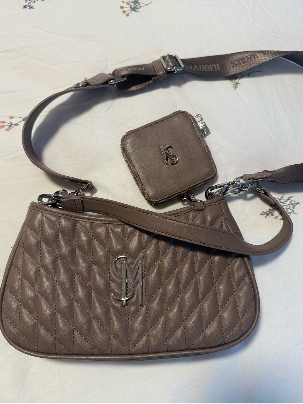 Steve Madden Quilted Crossbody Shoulder Bag in Taupe with Coin Pouch